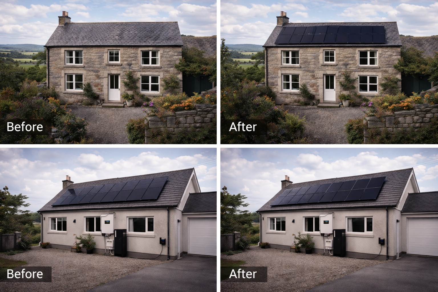 Before and After Solar Panel Installation in Scotland Before and after solar panel installation on Scottish homes showing transformation results