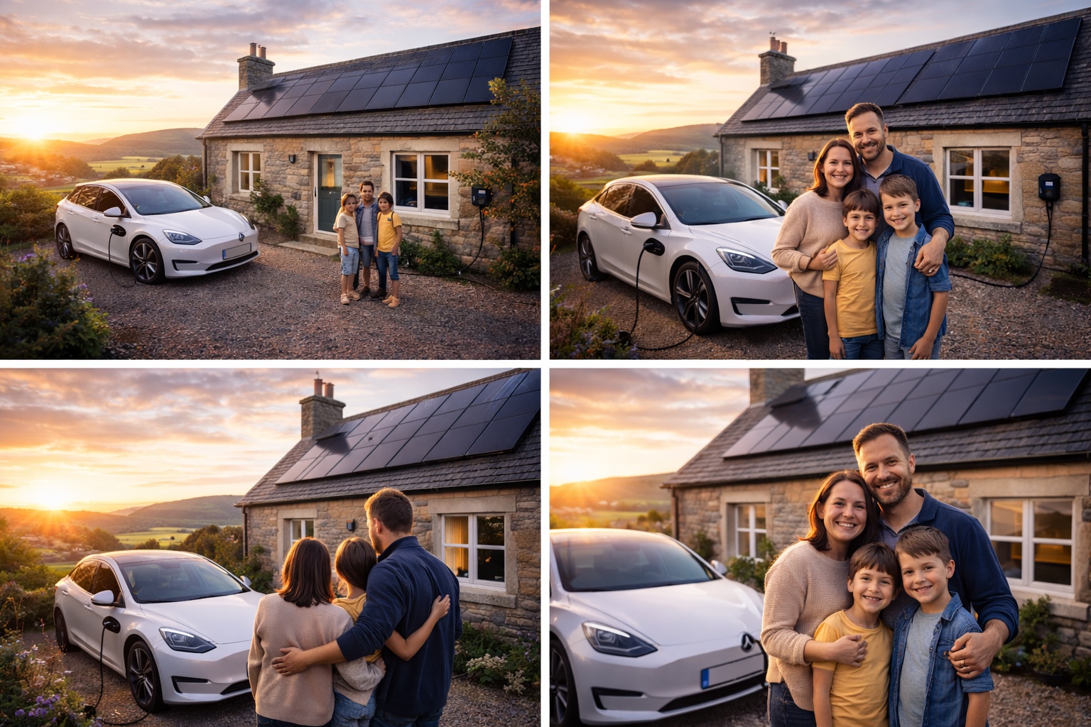 Solar Battery and EV Charging for Scottish Families Scottish family with electric vehicle and solar panels on their cottage at sunset